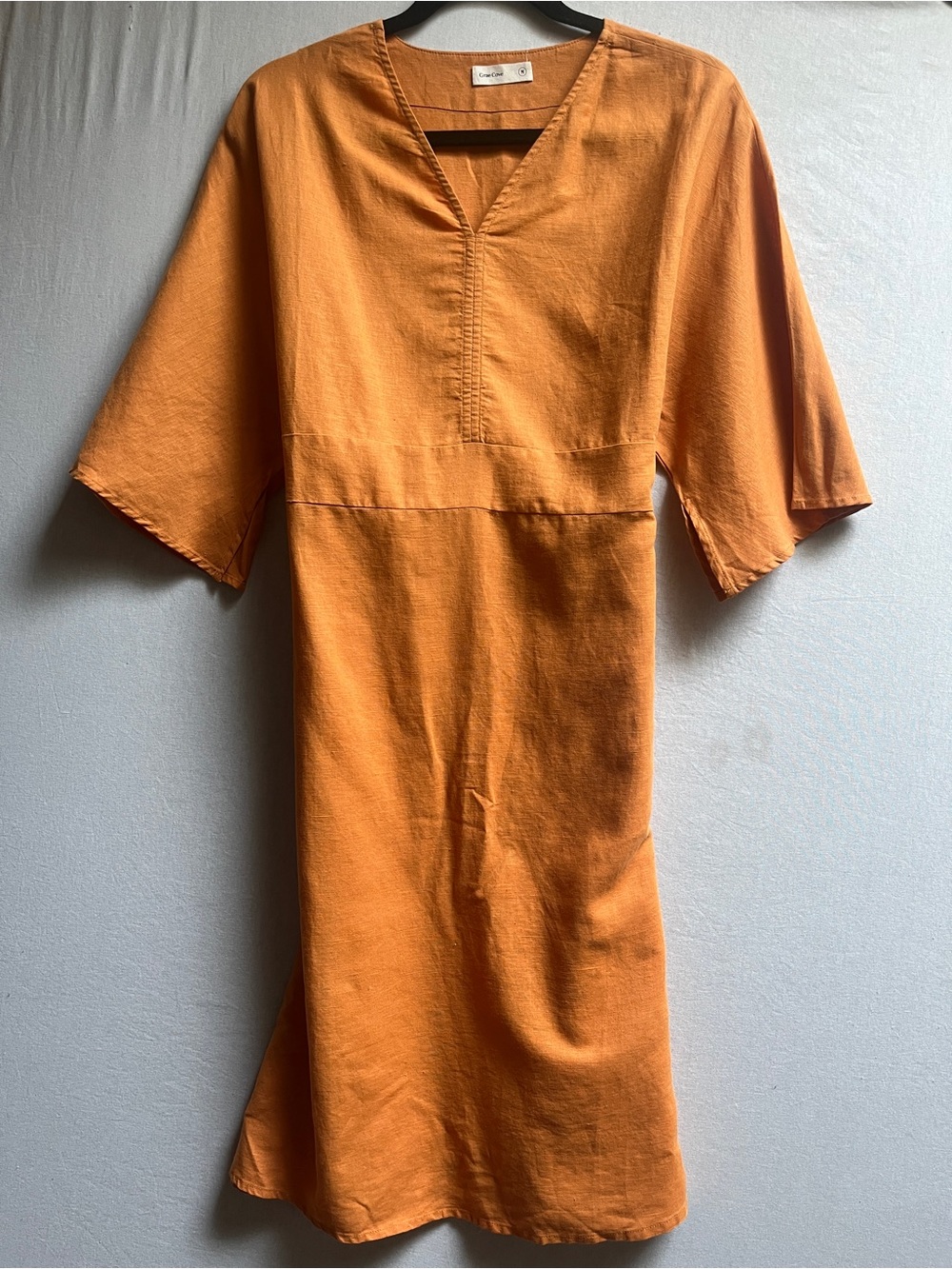 Grae Cove Orange Linen Blend V-Neck 3/4 Sleeve Midi Dress M